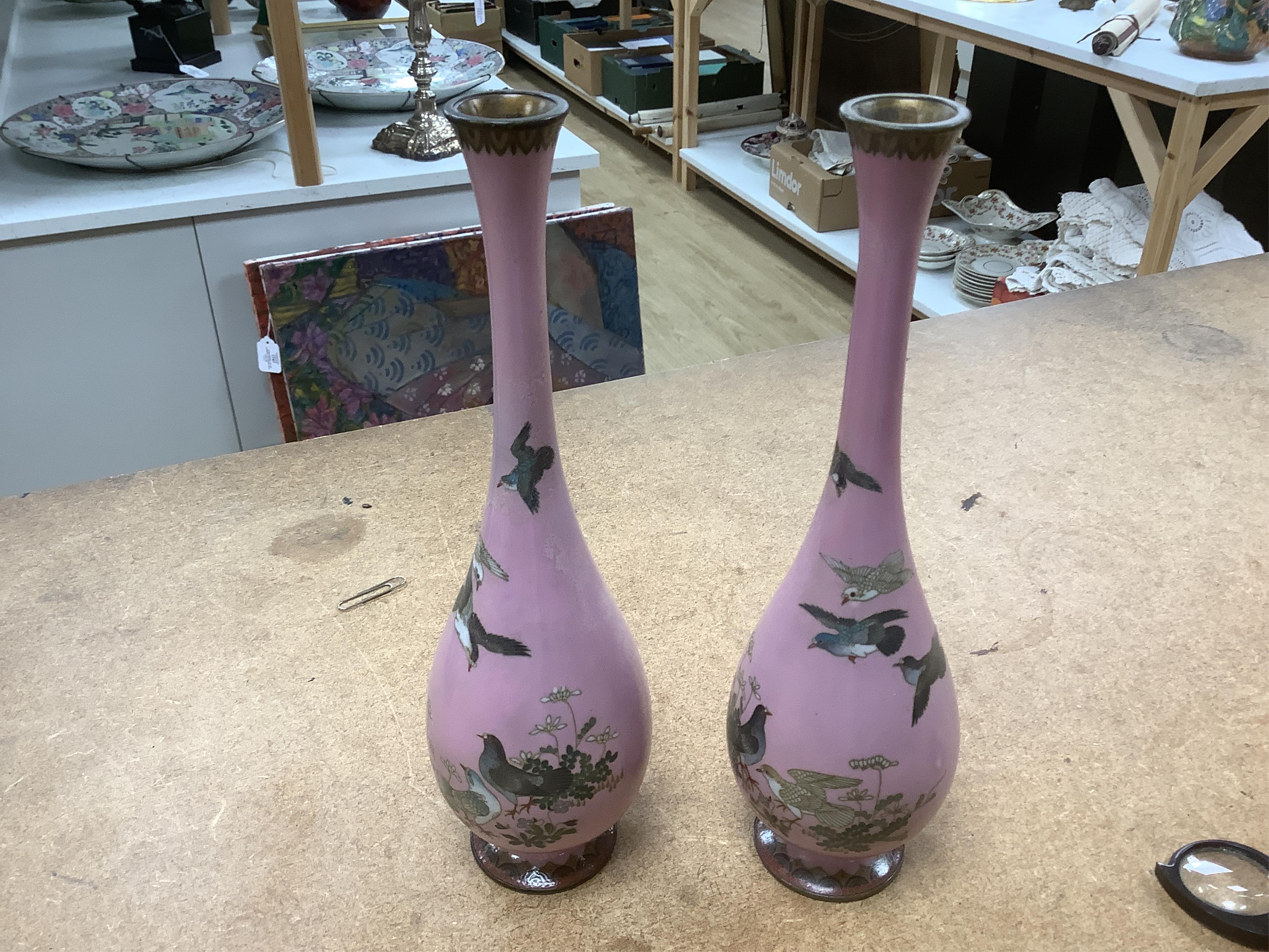Two pairs and another Japanese cloisonné vases, Meiji period, tallest 25cm. Condition - two vases restored